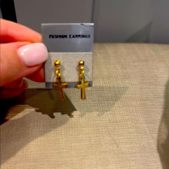 Fashion Earrings Gold Cross Dangle - Picture 1 of 4
